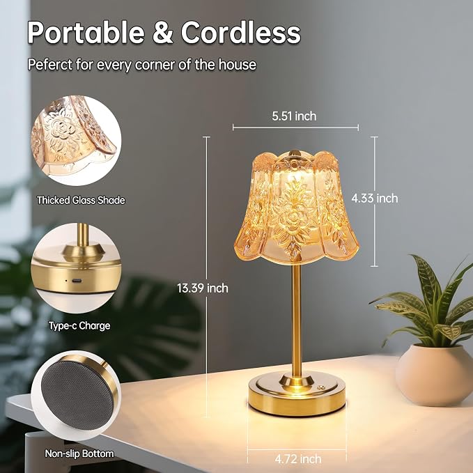 Shenmoyl Cordless Touch Table Lamp with 5200mAh Battery - 3 Adjustable Color Temperatures & Dimmable, Rechargeable Desk Lamp for Bedroom, Living Room, Office, Entryway, Bookshelves (Amber Rose)