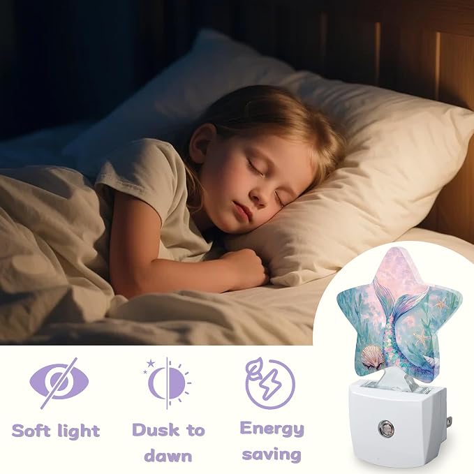 Cute Mermaid Tail Night Lights Plug Into Wall,Seashell Dusk to Dawn Light Sensor Night Light for Kids,Energy Efficient Sleep Friendly Lamp for Bedroom Bathroom Nursery