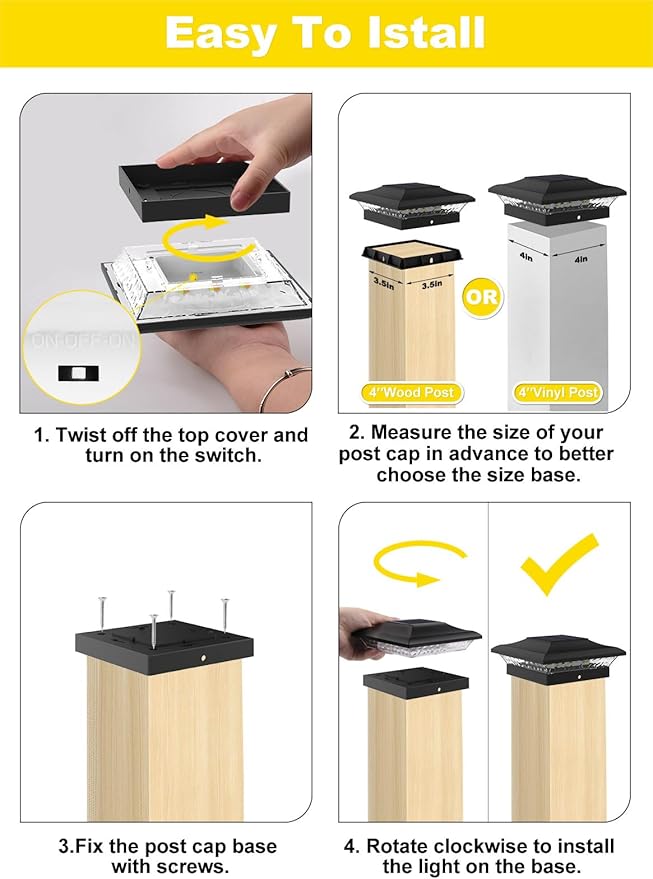 T-SUN Solar Post Cap Lights 18 Pack for 4x4 Vinyl/Wooden Posts, Waterproof Outdoor Warm & Cool White（3000K/6000K） Solar Powered Deck/Garden/Patio Lighting