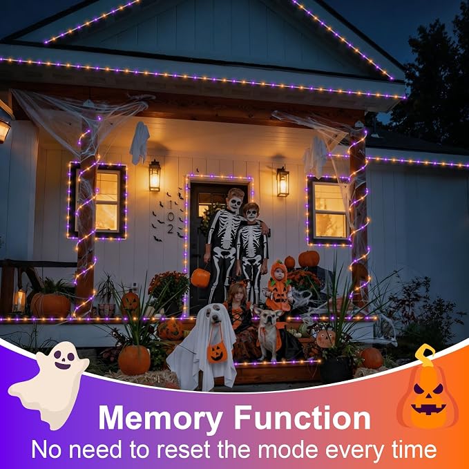 QITONG 2 Pack Solar Halloween Lights, Each 33ft 100 LED Orange and Purple String Lights, 8 Modes Clear PVC Tube Light Outdoor Waterproof