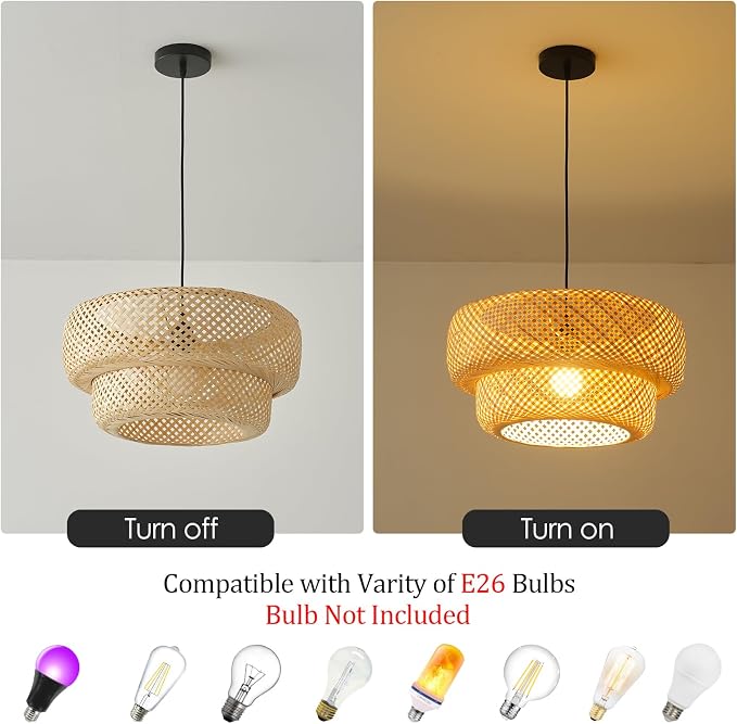 Bamboo Pendant Light,13.8" Rattan Chadelier | Hand-Woven Bamboo Rattan Chandelier Shade for Dining Living Bedroom Kitchen Farmhouse 1-Pack