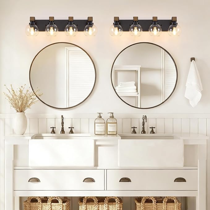 Bathroom Light Fixtures Over Mirror, Rustic 4-Light Wood Vanity Lights for Bathroom, Vintage Black Bathroom Wall Sconces Lighting with Globe Shades for Mirror Hallway Cabinet Living Room