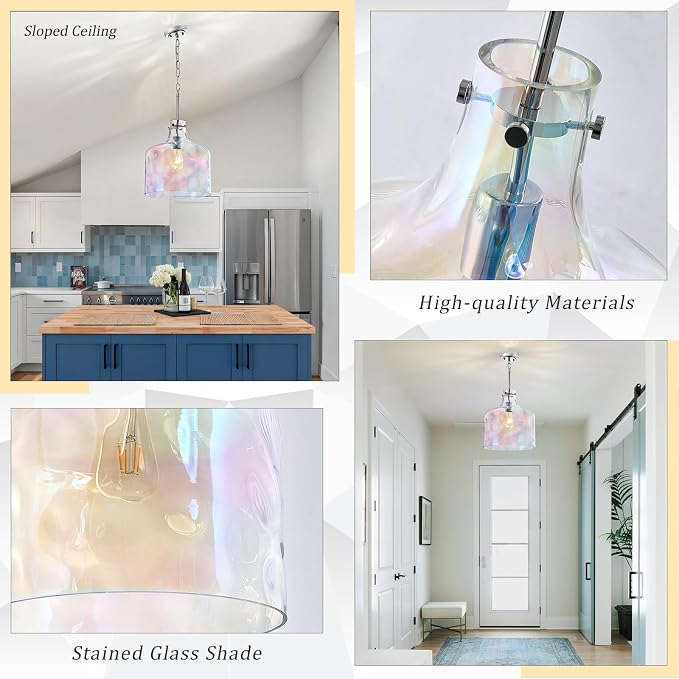 Colorful Hammered Glass Pendant Light, Chrome Hanging Light, 12-Inch | Hand-blown colorful hammered glass pendant light, adjustable chain, E26 socket, ideal for kitchen island lighting.