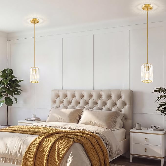 Gold Pendant Light, Modern Crystal Pendant Lights Kitchen Island, Kitchen Island Lighting with Adjustable Height, UL Certified Island Lights for Kitchen Dining Room Bedroom Hallway 3 Pack
