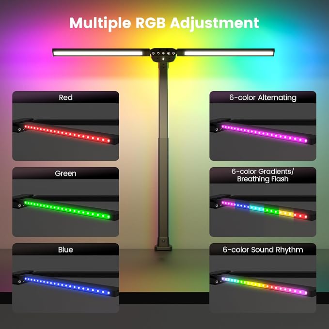 Upgraded LED Desk Lamp for Home Office with RGB, Rotatable Computer Desk Light with Remote, Tall Table Lamp with Clamp for Working, Dimmable Dual Head Task Lighting for Monitor PC, 22W