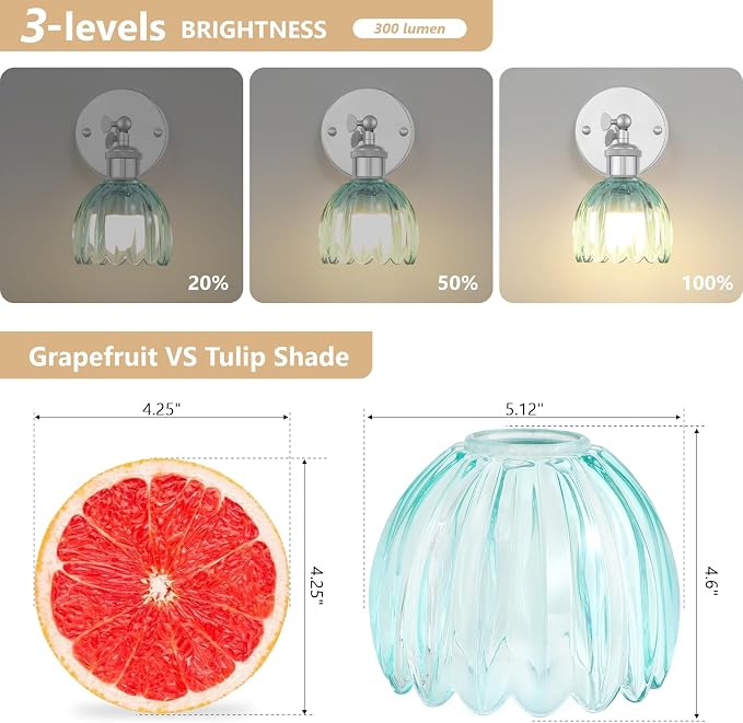 Vintage Battery Operated Wall Sconce, Sky Blue Tulip Glass Lampshade Wireless Rechargeable Battery Powered LED Wall Light with Remote Dimmable for Bedside Bedroom Living Room, Silver, Set of 2