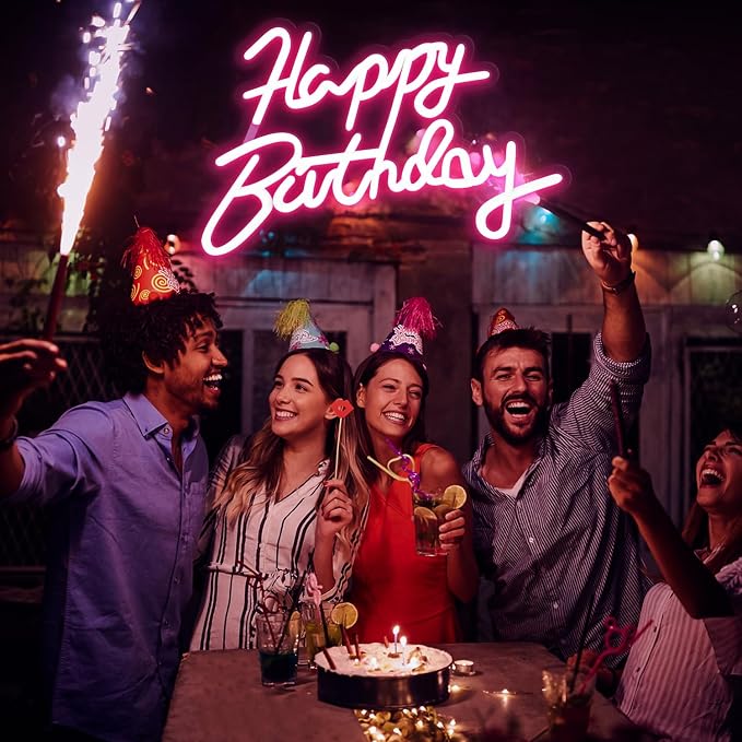 Happy Birthday Neon Sign for Wall Party Decor, LED Happy Birthday Light up Sign for Backdrop, 16"x 11" USB Powered 10 Brightness Settings Light up Signs Party Decorations Backdrop, Pink