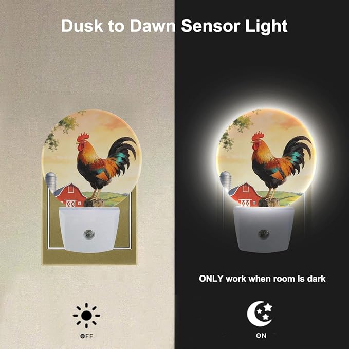 Golden Rooster Night Light Crowing Rooster on Fence Night Lights Plug into Wall for Boys Girls, Plug-in Nightlight 0.5W LED Lighting for Stairway Hallway Bedroom