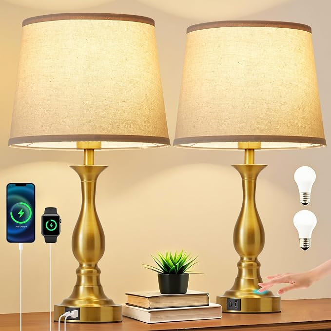 Bedside Table Lamp Touch Control Bedroom Lamps with USB A and C Charging Port 3 Way Dimmable Touch Lamps for Nightstand Living Room Bedroom Dorm Home Office Reading, Set of 2
