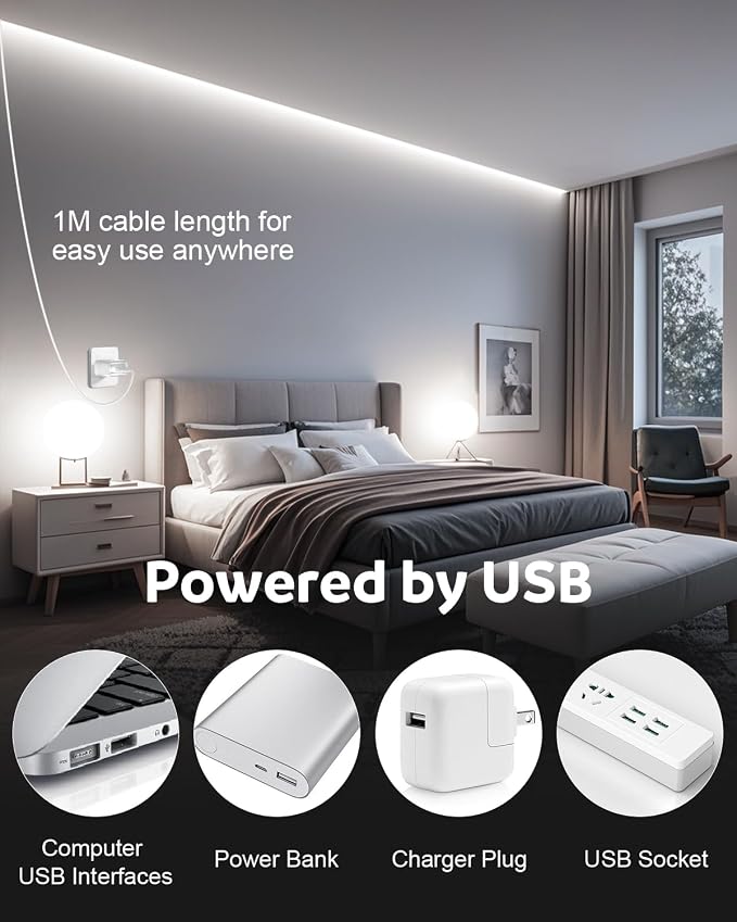 Aclorol COB LED Strip Light 5V USB White 6000K 13.12FT/4M 1280LEDs CRI85+ LED Light Strip for Bedroom Super Bright Tape Lights with 1M Cable for Under Cabinet Desks 3D Printer DIY Lighting Decor