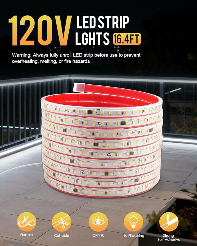 Aclorol 5M Outdoor Led Strip Lights Waterproof AC 110V-130V Flexible LED Rope Lights Outdoor Cool White 6000K Cuttable LED Lights String for Garden Patio Indoor Decorative Lighting 120LEDs/M 16.4FT
