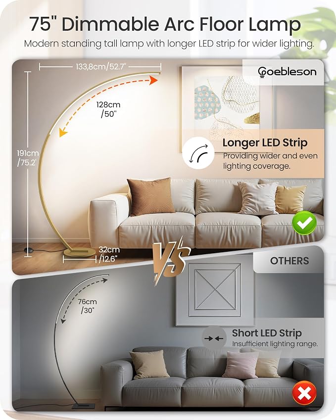 75 inch Dimmable LED Arc Floor Lamp for Living Room with Foot and Remote Control, 3 Color Temperatures, 3000K-6000K Whites, Stepless Dimming,Gold D62LD05