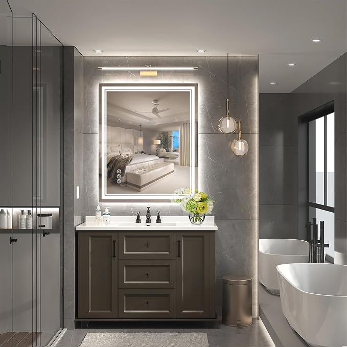 Ratsamee 30x36 Inch LED Bathroom Mirror with Frontlit & Backlit, Lighted Mirror for Bathroom Wall with 3-Color Dimmable & Anti-Fog, Vanity Mirror with Lights