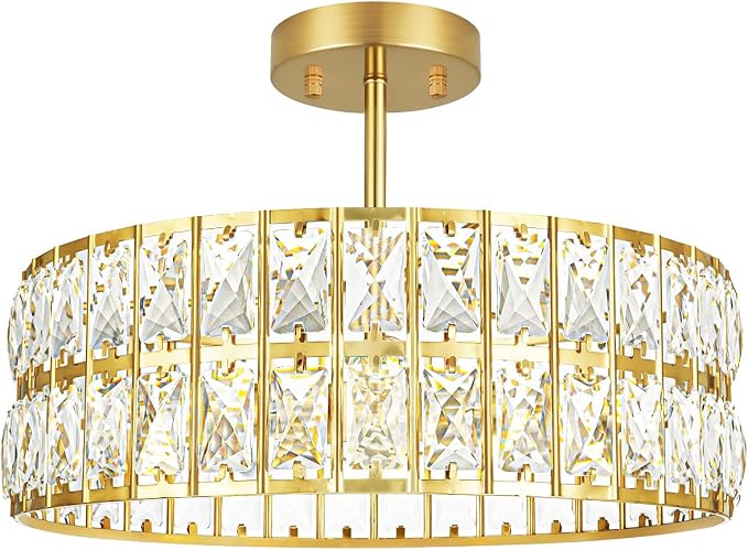 Lxybcce Crystal Ceiling Light Fixture, Modern Brushed Gold Ceiling Light Chandelier, Semi Flush Mount Chandelier Lighting Fixture for Kitchen Entryway Living Room Dining Room, 5-Light, 16 Inch