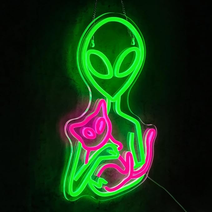 Alien Neon Sign for Wall Decor Dimmable Aliens Cat Led Lights Signs for Bedroom Green Neon Light for Game Room Man Cave Bedroom Party Decoration Gift for Kids Boys