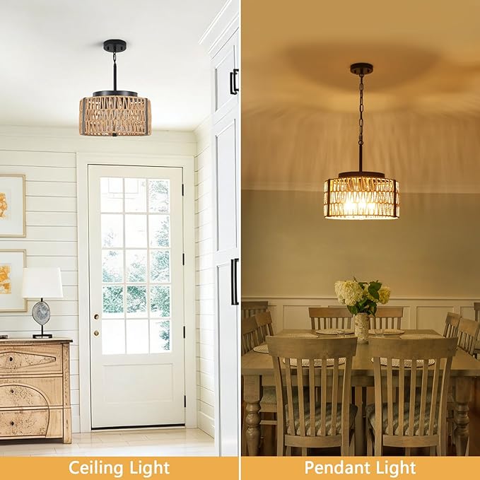 Boho Rattan Chandelier, 3-Light 13.7”Farmhouse Chandeliers Light Fixture with Rustic Wicker Rattan Pendant Light for Living Room,Kitchen Island Bedroom(E26 Bulbs Not Included)