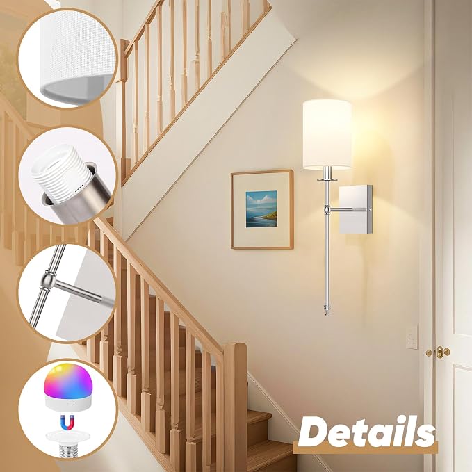 24 Inch Battery Operated Wall Sconces Set of 2 with Remote, Brushed Nickel Rechargeable Wireless Wall Lights with White Fabric Shade, Cordless Wall Lamps with Dimmable Detachable Bulbs for Bedroom