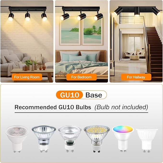 3 Light Track Lighting Kit,Black 3 Way Modern Plug in Ceiling Spotlight,Industrial LED Wall Light for Kitchen Cabinet Gallery Bar Hallway Living Room,Rocker Switch,15 Foot Cord(No Bulb)
