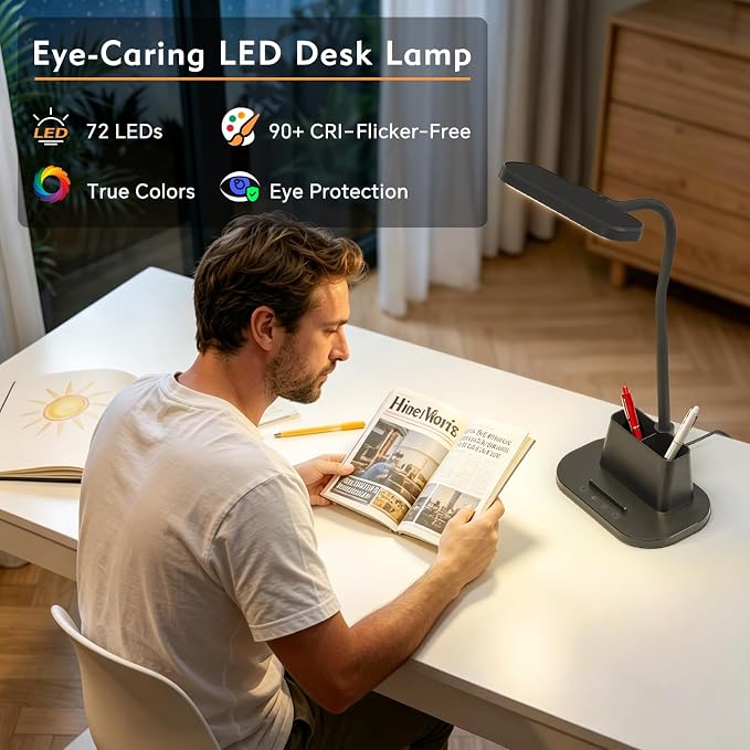 LED Desk Lamp for Dorm Small Desk Lamp with Pen Holder 5 Color Modes Black | Dimmable Touch Control, USB Charging Port, Eye-Caring Reading Light for Home Office Table Study College Room Students