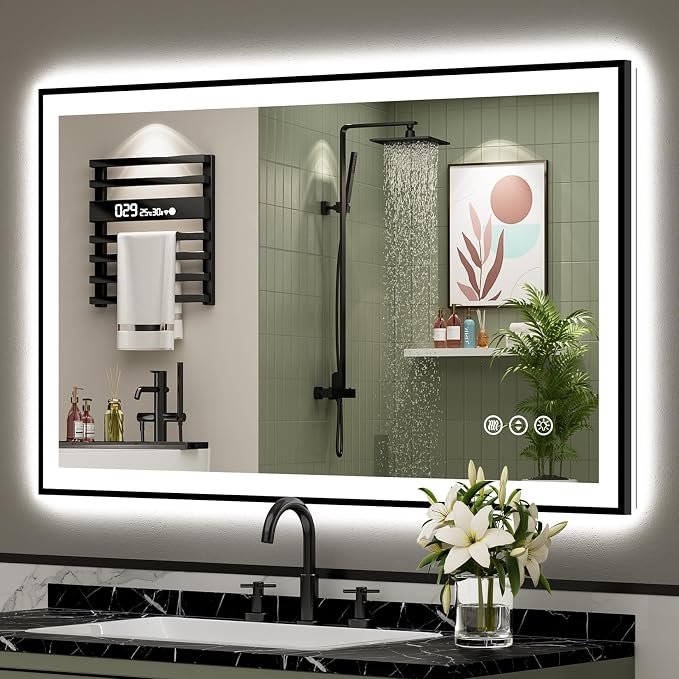 48x30 Black LED Bathroom Mirror, Backlit & Front Lit Lighted Mirror | Metal Framed Anti-Fog Vanity Mirror with Lights, 3 Color Dimmable, Memory, Tempered Glass, CRI95, IP54, Horizontal/Vertical