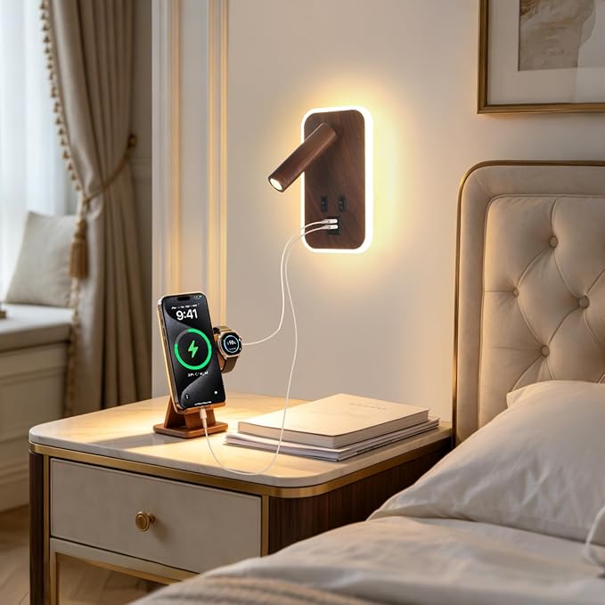 Wall Sconce Plug in with Wall Mounted Reading Lights with Switch | Wall Lights for Bedroom with USB C+A Ports, Bunk Bed Lights with 9W Night Light, Walnut Color Reading Light Adjustable Angle