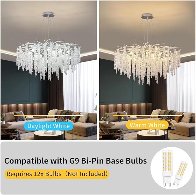 Crystal Tree Branches Chandeliers Luxury Round Raindrop Pendant Light Fixture Ceiling Hanging Light for Dining Room Bedroom Living Room Entryway D31.5“ Silver