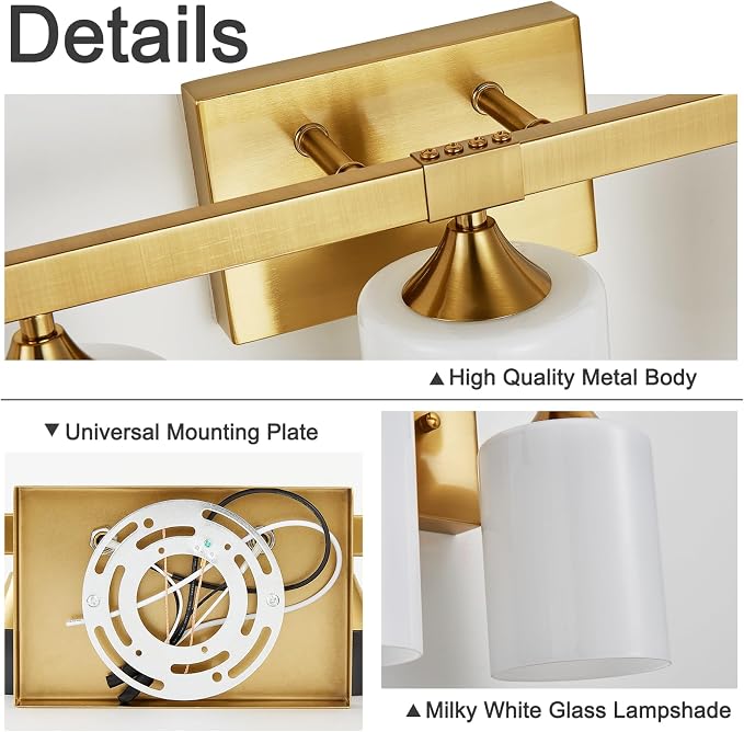 ZHU YAN Gold Vanity Lights for Bathroom, 5-Light Bathroom Vanity Light Fixtures, Milky White Glass Shades Wall Lamp,E26 Socket, for Mirror Living Room Bedroom Standard