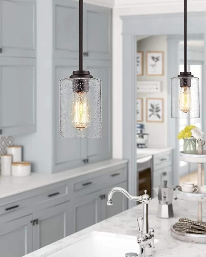 Beionxii Pendant Lights Kitchen Island, Farmhouse Pendant Light, 1 Pack | 4.7" Seeded Glass Pendant Light Fixture, Dark Bronze Finish, Hanging Light Fixtures for Kitchen Island Dining Room,BXD9002-1H