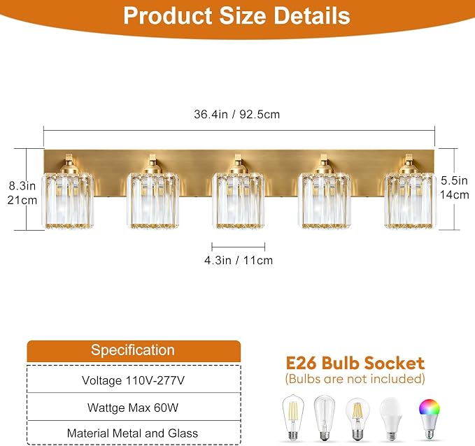 Gold Crystal Bathroom Vanity Light, 5-Light Modern Bathroom Lighting Fixtures Over Mirror,Chrome Wall Sconce Light Fixtures with Square Shade
