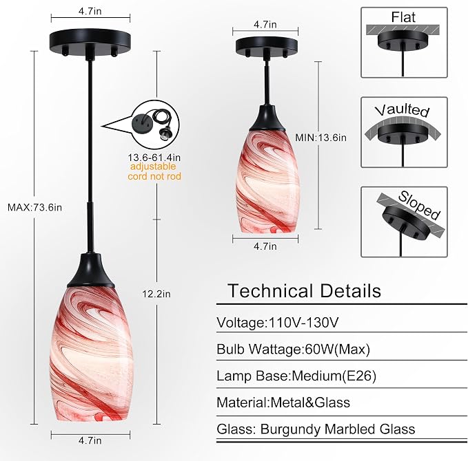 Viinew Mini Glass Pendant Light,Burgundy Marble Glass Hanging Light | 4.72" with Handblown Glass Oval Chadelier,1-Pack Glass Ceiling Pendant Light for Dining Room Kitchen Cafe Foyer
