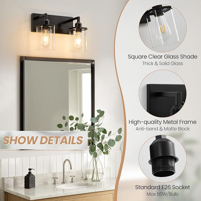 2-Light Bathroom Light Fixtures, Black Vanity Lights for Bathroom with Clear Glass Shade, Bathroom Lights Over Mirror, Modern Bath Wall Mounted Lamp for Living Room, Bedroom, Porch