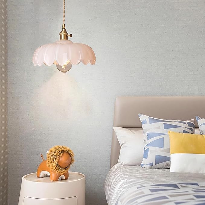 Milk White Glass Pendant Light Fixtures Medium 9.8 Inches Lampshade Gold Brass Finish and Switch Vintage Pendant Ceiling Lamp Copper Pendant Lighting (Milk White)