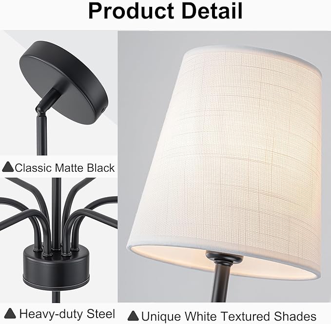2026 New Black Chandeliers for Dining Room Light Fixture over Table, 34" 6-Light Transitional Modern Farmhouse Chandelier with White Fabric Shade, Pendant Lighting for Kitchen Island Living Room Foyer
