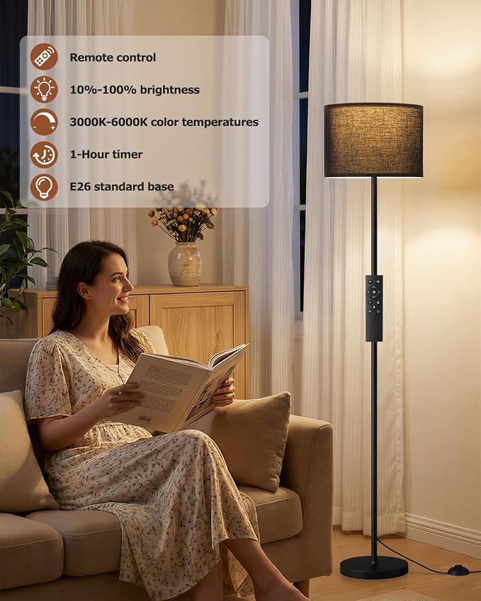 Dimmable Floor Lamp for Living Room with Remote, 9W 900LM LED Bulb Included, Black Shade Black Pole