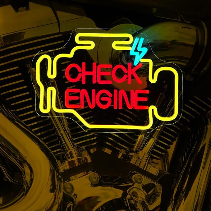 Check Engine Neon Sign, JGHTURIE Man Cave Neon Signs for Wall Decor Garage Car Room Yellow Light Up Sign Auto Repair Workshop Led Signs USB Powered