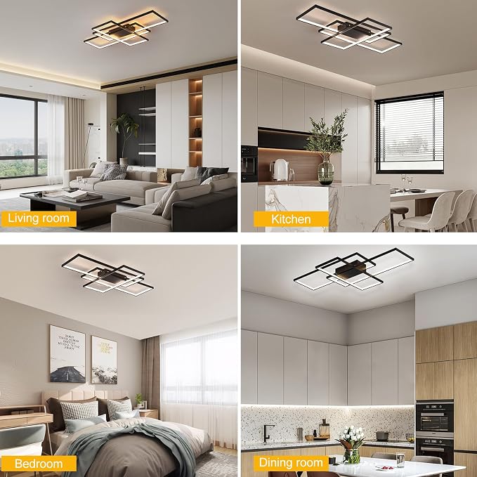 GEADI 35.4" Modern LED Ceiling Light, Dimmable Flush Mount with Remote | Black Geometric Square Light Fixture with Adjustable Color Temperature for Kitchen, Bedroom, Dining Room and Hallway