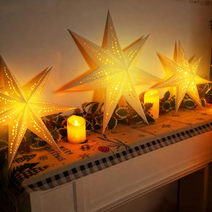 Large Paper Star Lanterns with Lights, 3D Hollow Out Christmas Paper Lanterns, 6Pcs Foldable Decorative Christmas Hanging Decorations for Xmas Wedding New Year Party Home Decor Indoor