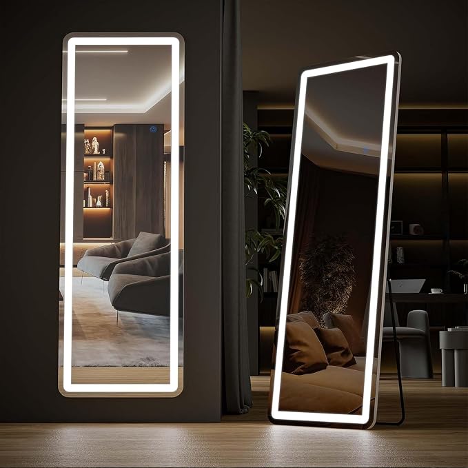 60x16 Inches Full Length Mirror with Lights, Free Standing Floor Mirror | 3 Color Lighting and Dimming for Various Makeup and Outfit Checking , Sturdy Aluminum Frame for Bedroom Décor and Daily Use