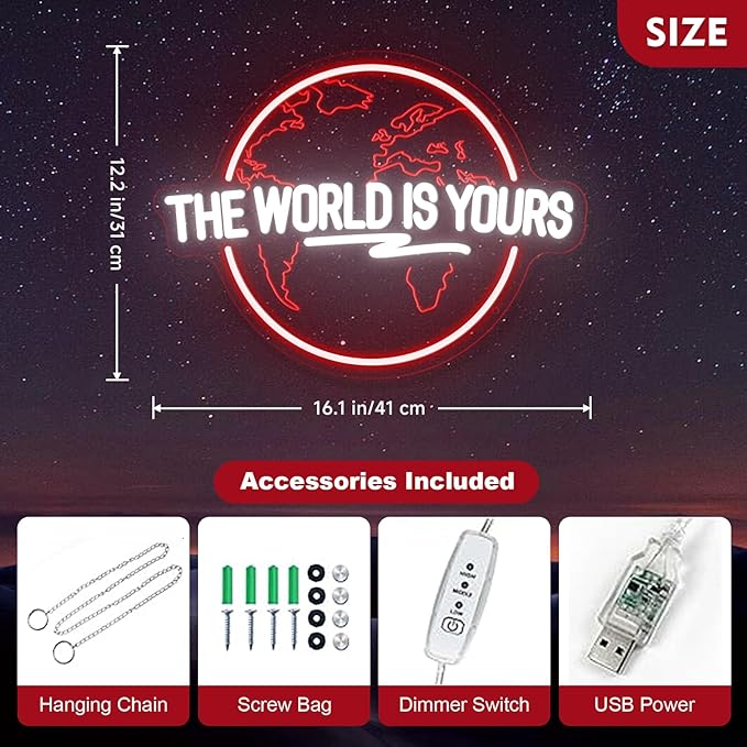The World Is Yours Neon Sign Carved Planet Adjustable Brightness USB Powered LED Neon Signs for Wall Decor Light Up Signs for Bedroom Classroom Office Man Cave Game Room 41cm*31cm