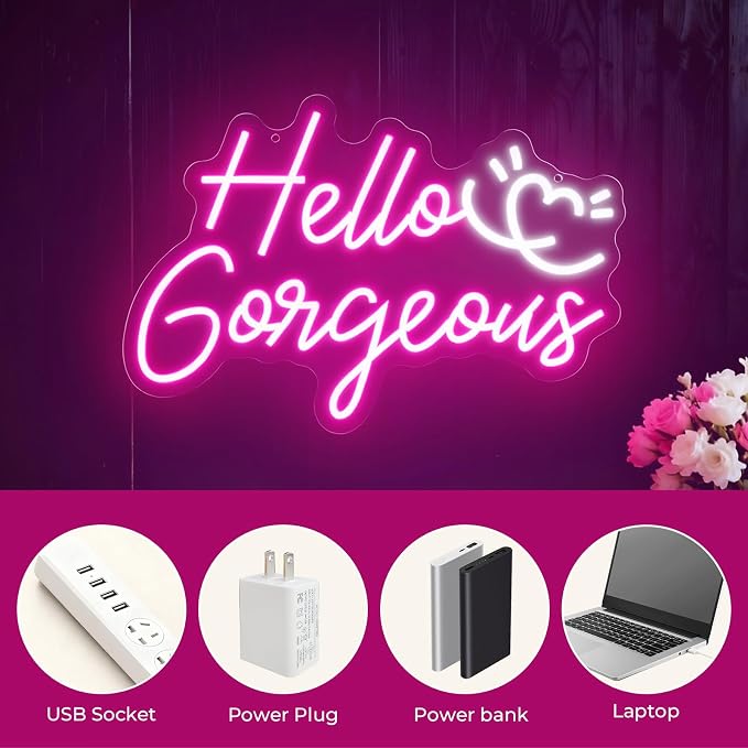 Hello Gorgeous Neon Sign, 16 * 10.8 Inches Led Sign, Neon Signs for Wall Decor with Dimmable Switch, Powered by USB Light up Sign, Pink Neon Lights for Teen Girls Bedroom, Salon, Party