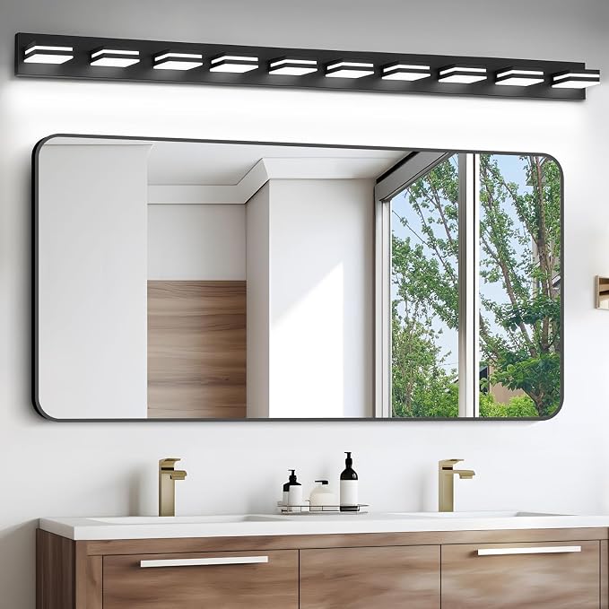 IZORRO LED Modern Bathroom Lights Fixtures(10-Light,Dimmable),Matte Black Acrylic Wall Lighting,Vanity Lights for Bathroom Over Mirror - 6000k 46In （No Assembly Required）