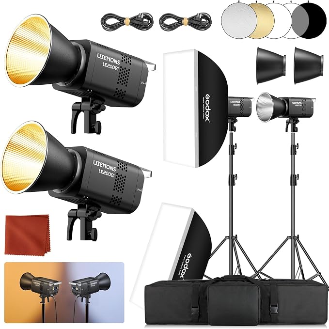 Godox 2Pack LE200Bi Light Kit wih Light Stand/Softbox/Carry Case/5-1 Reflector Bi-Color LED Professional Continuous Video Lighting Kit, CRI 98+, 2800K-6500K, 57700 Lux for Studio