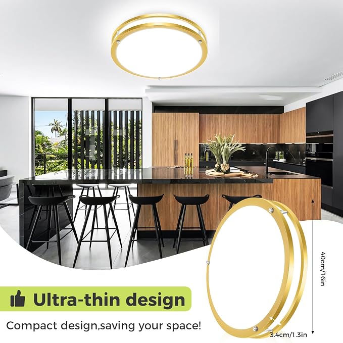 hepside 2 Pack Flush Mount Ceiling Light Fixture, Dimmable & 5Color Temperatures Ceiling Light Gold, 16inch 36W 3000K 3500K 4000K 5000K 6500K Adjustable Ceiling Lamps for Bathroom Bedroom Hallway