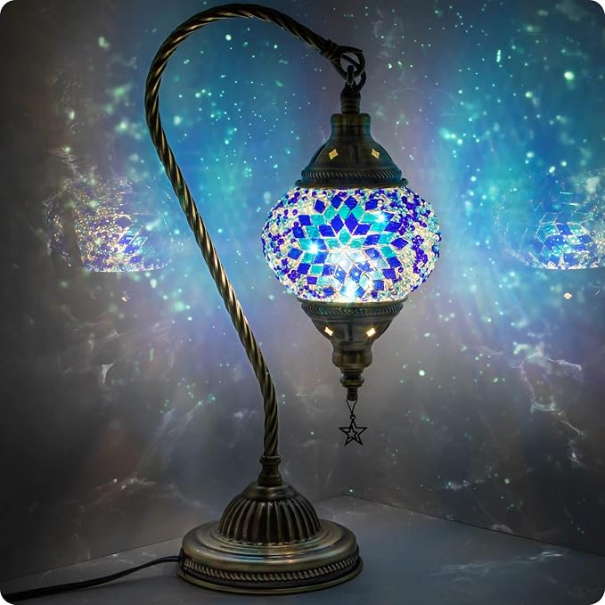 Yarra-Decor Turkish Moroccan Lamp with Bronze Base 3 Color Options Handmade Swan Neck Mosaic Glass Bedside Lamps for Bedroom (LED Bulb Included)(Blue2)
