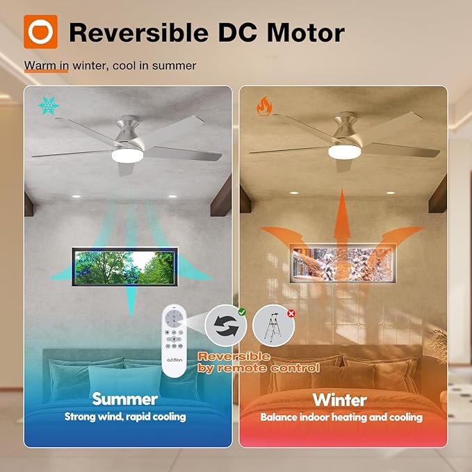 addlon Ceiling Fans with Lights, 52 Inch Low Profile Ceiling Fan with Light and Remote Control, Flush Mount, Reversible, 3CCT, Dimmable, Quiet, Silver Ceiling Fan for Bedroom Indoor/Outdoor Use