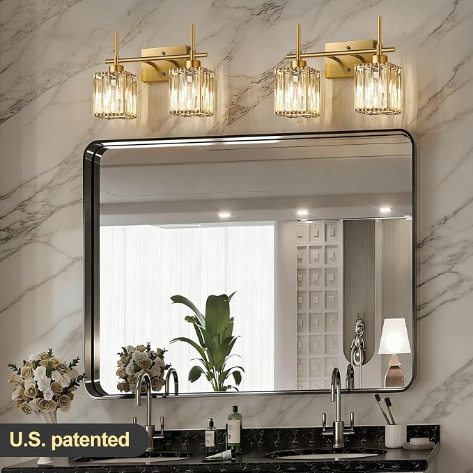 Torondo Modern Crystal Bathroom Vanity Light 2-Lights Brushed Gold Bathroom Light Fixtures Over Mirror Brushed Gold Vanity Lighting Fixtures Square Shade Wall Sconce (Bulbs Not Include)