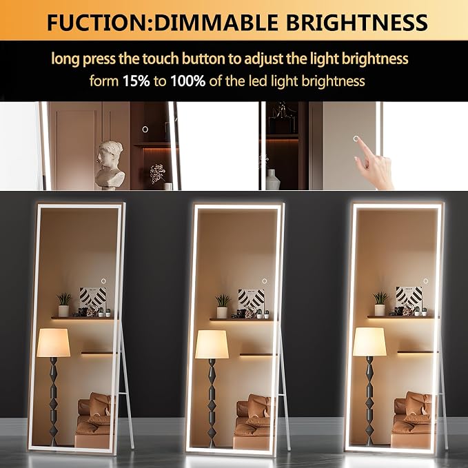 Hasipu Full Length Mirror with Lights, 56" x 18" LED Lighted Floor Standing, Full Body Dressing Hanging Mounted Mirror, Tempered Glass, Square White