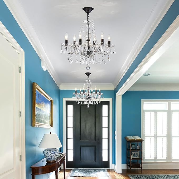 Crystal Chandelier Light Fixture, Modern K9 Crystal Chandeliers for Dining Room, 6-Lights Black Ceiling Light, Adjustable Hanging Pendant Light Fixture for Living Room Entryway Kitchen Island Hallway