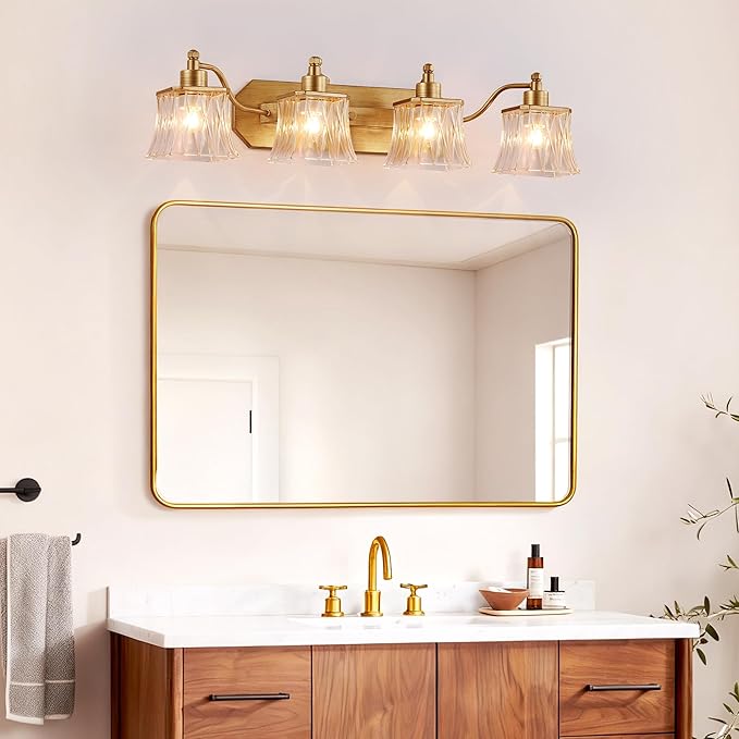 Gold Bathroom Light Fixtures, 4-Light Bathroom Vanity Light with Crystal Glass Shade, Matte Antique Gold Finish Vintage Vanity Light, Brushed Gold Vanity Lights for Bathroom, Bedroom, Hallway