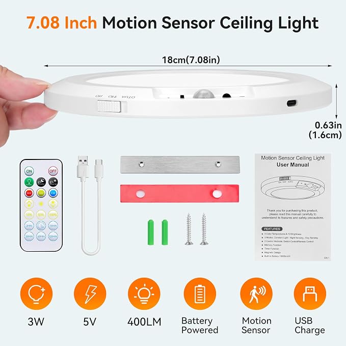 Rechargeable Ceiling Light with Remote, 10000mAh, 1 Pack | Battery Operated Shower Light, Motion Sensor Closet Light, 5 Timer 3 Modes 3 Color 10 Brightness, for Home Stairs Landry